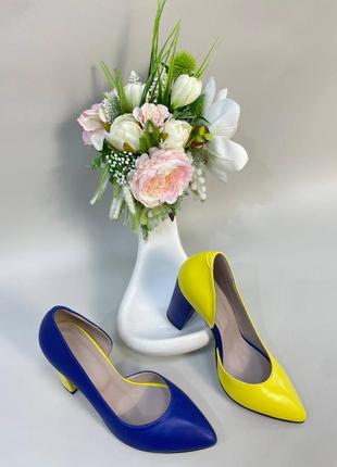 Эксклюзивные туфли лодочки итальянская кожа голубые жёлтые9 фото