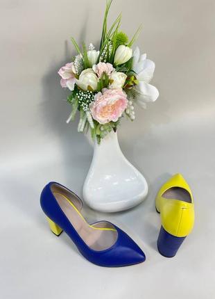 Эксклюзивные туфли лодочки итальянская кожа голубые жёлтые10 фото