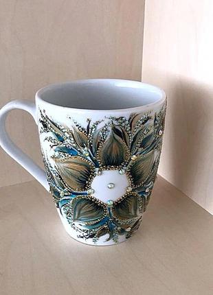 Чашка белая керамическая с авторской росписью ручной работы "цветок папоротника"