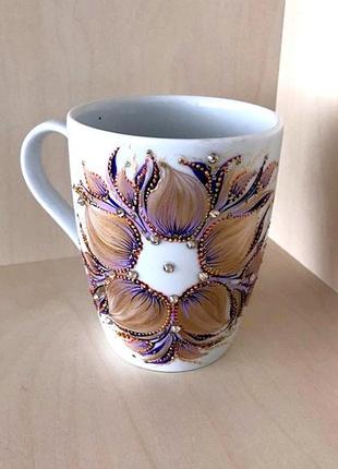 Чашка белая керамическая с авторской росписью ручной работы "сиреневый колокольчик"