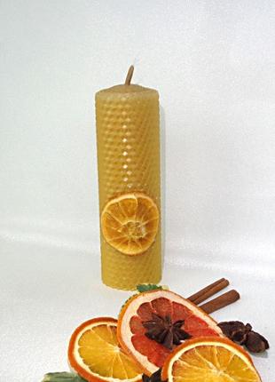 Свічка з бджолиного воску ручної роботи декоративна "апельсинчик"