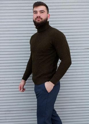 Темно-зеленный мужской свитер с высоким воротом | турция | 70% акрил + 30% шерсть3 фото