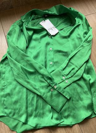 Зелёная сатиновая рубашка из новой коллекции zara размер xs,s,m,l,xl,xxl2 фото