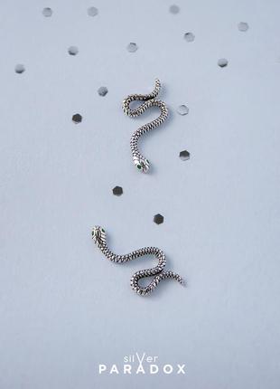 Сережки змеи змейки пусеты серебро 925 проба paradoxsilver™️ зеленый циркон