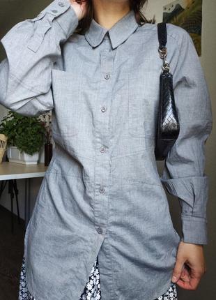 Рубашка серая классика блузка с длинным рукавом хлопок карманы женская8 фото