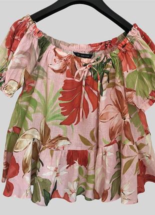 Zara льняная блузка топ в цветочном принте, лляна блуза