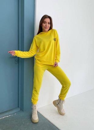 Женские спортивный костюм штаны  худи с капюшоном жолтый однотонный модный стильный