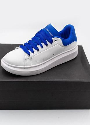 Женские кожаные белые кроссовки mcqueen white blue синие7 фото