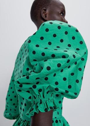 Шикарная хлопковая зелёная блуза топ в горох с объёмными рукавами5 фото