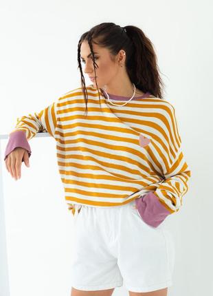 Полосатый свитшот с вышивкой qu style - горчичный цвет, l (есть размеры)