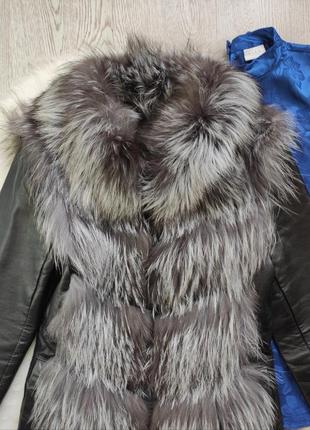Чернобурка шуба трансформер жилетка короткая кожаная куртка натуральная с мехом воротником3 фото