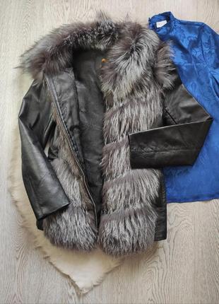 Чернобурка шуба трансформер жилетка короткая кожаная куртка натуральная с мехом воротником2 фото