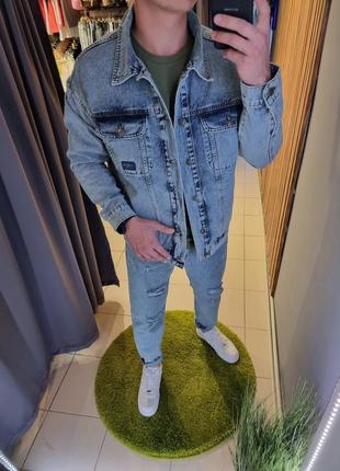 Джинсовка джинсовый пиджак оверсайз мужская голубая турция / джинсовая куртка піджак курточка голуба2 фото