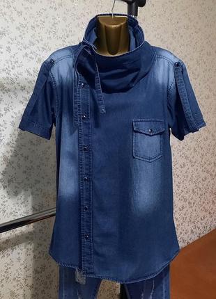Джинсовая рубашка rough diamonds р. m l с объемным воротником коттон джинс хлопок7 фото