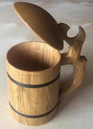 Дерев'яний пивний кухоль з кришкою ручної роботи 0.5 л.2 фото