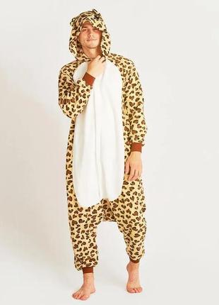 Пижама кигуруми для детей и взрослых леопард желтый | кенгуруми|5 фото