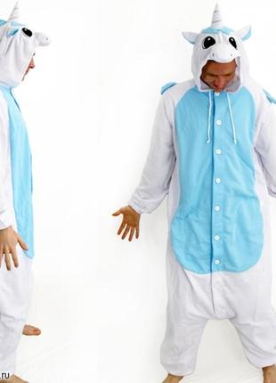 Пижама кигуруми для детей и взрослых голубой единорог | кенгуруми|5 фото