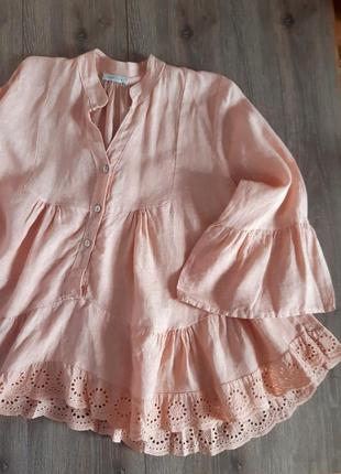 Италия шикарная леновая рубашка сорочка блуза пудровпя/розовая с прошвой,лён 100% ,46 р