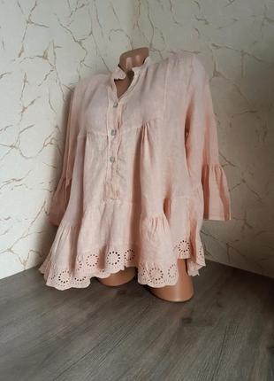 Италия шикарная леновая рубашка сорочка блуза пудровпя/розовая с прошвой,лён 100% ,46 р2 фото