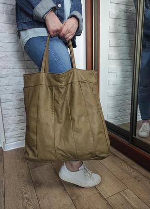 Велика шкірана сумка шопер тоут хакі на плече shopper велика шкіряна