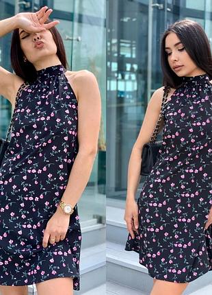 Платье трапеция летнее без рукавов халтер завязка на шее принт 3 цвета