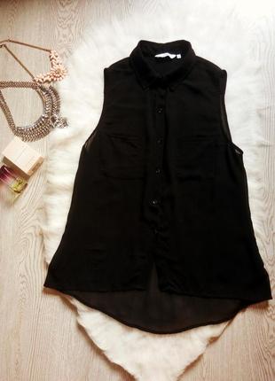 Черная рубашка с карманами блуза секси прозрачная с воротником без рукавов2 фото