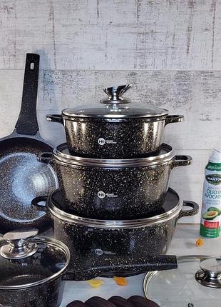 Набір каструль і сковорода higher kitchen hk-305, набір посуду з гранітним антипригарним покриттям коричневий кількість предметів в наборі - 14 шт