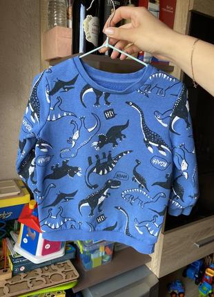 Синий свитер с динозаврами утеплённый на флисе 2-3 года1 фото