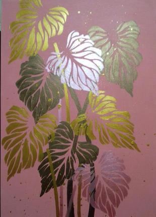 Ккартина интерьерная листья ,цвета-золото и металлики !!!