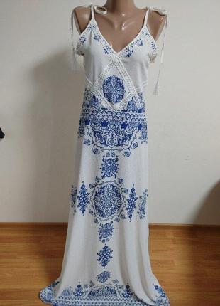 Шикарное длинное платье сарафан с вышивкой на завязках m l xl6 фото