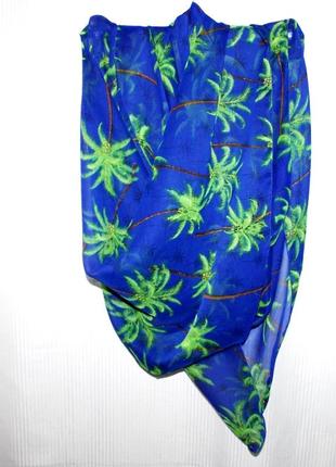 Палантин парео платок шарф тонкий прозрачный синий зелёные пальмы tropical индия 110х175 см1 фото