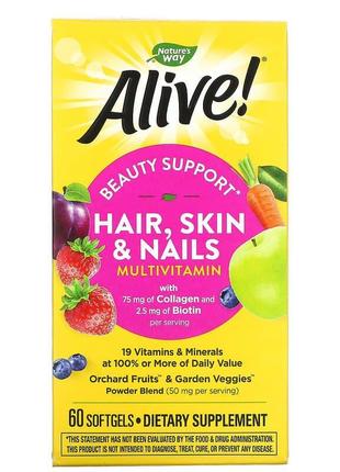 Nature's way alive мультивитамины для волос, кожи и ногтей. 60 капсул