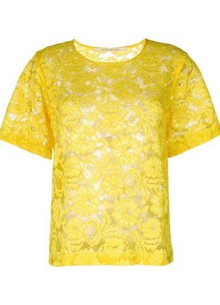 Желтый ажурный кроп топ блуза короткая футболка гипюр цветная с рукавами вышивкой оверсайз