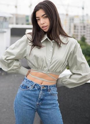 Коротка сорочка кроптоп з зав'язками оливка
