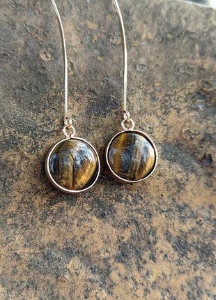 Позолоченные серьги с натуральным камнем тигровый глаз