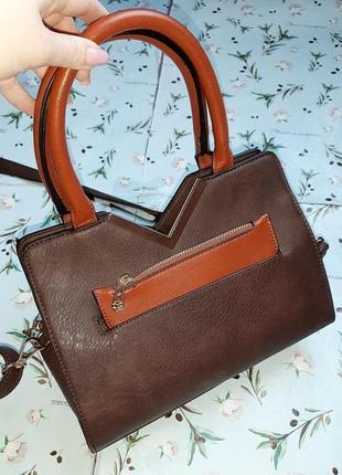 🎁1+1=3 базовая строгая кожаная коричневая сумка сумочка с короткими ручками love moda