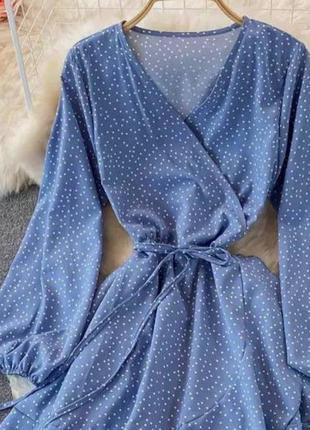 Короткое женское голубое белое чёрное платье на запах в мелкий горошек с длинными свободными рукавами с м л хл 44 46 48 50 s m l xl6 фото