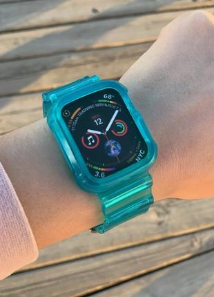 Бирюзовый силиконовый прозрачный ремешок с чехлом на корпус apple watch 38 40 41 42 44 45 мм1 фото