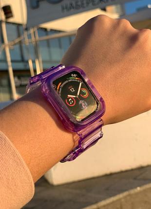 Фиолетовый сиреневый прозрачный силиконовый ремешок с чехлом на корпус для apple watch 38 40 41 или 42 44 45 мм8 фото