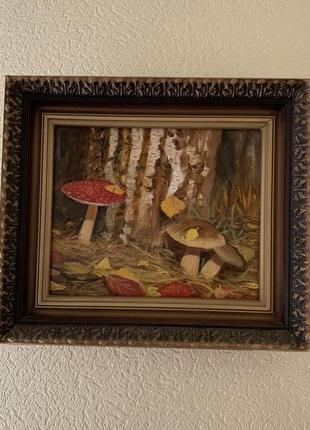 Картина маслом в деревянной раме грибы