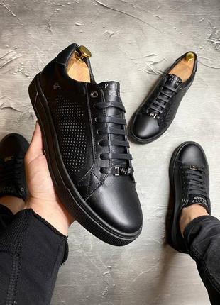 Мужские летние кеды с перфорацией натуральная кожа черные рр