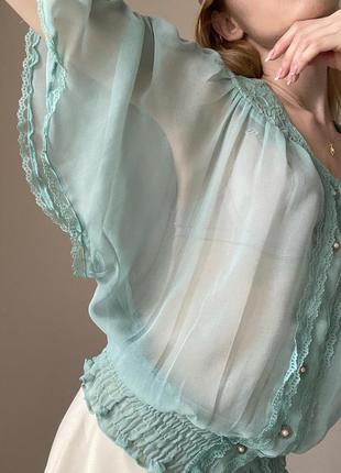 Романтичная блуза бирюзового цвета прозрачная под винтаж6 фото
