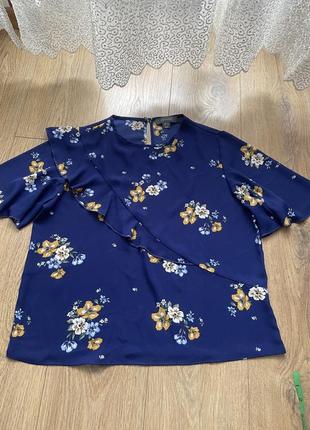Футболка блуза укороченная  синяя цветочный принт1 фото