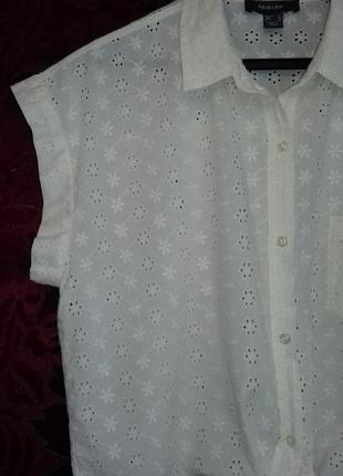 100% хлопковая свободная рубашка укороченная прошва / кружевная блуза с короткими рукавами  / сорочка3 фото