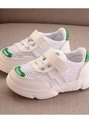 Кросівки сітка bxin білі з зеленими вставками літні на липучках