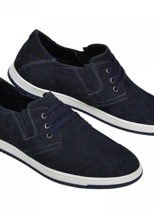 Летние мужские туфли мокасины натуральный нубук / темно синие / перфорация