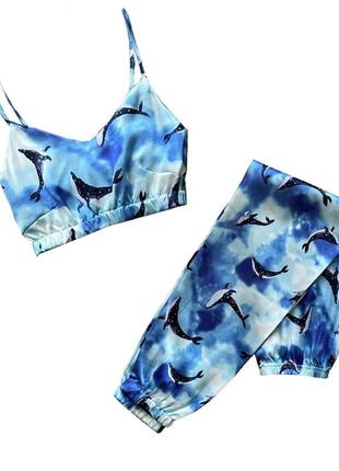 Шелковый комплект пижама топ с штанами дельфинчики