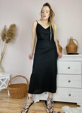 Платье черное миди на тонких бретелях из льна в размере s (drs1x1)