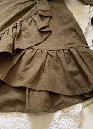 Короткая юбка на запах юбка льняная рами хлопок натуральная хаки зелёная лён на завязке2 фото