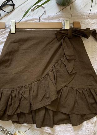 Льняная короткая юбка на запах натуральная рами хлопок3 фото